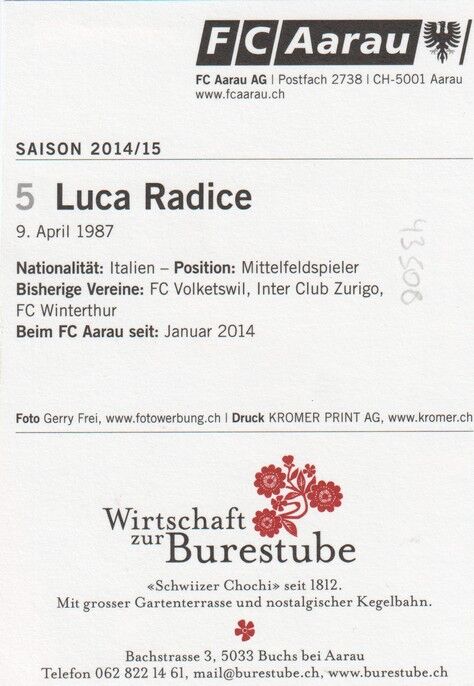 Autogramm Fussball | FC Aarau | 2014 | Luca RADICE
