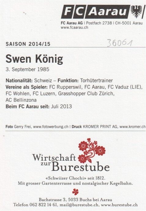 Autogramm Fussball | FC Aarau | 2014 | Swen KÖNIG