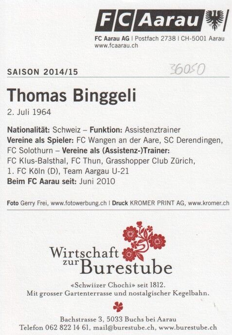 Autogramm Fussball | FC Aarau | 2014 | Thomas BINGGELI
