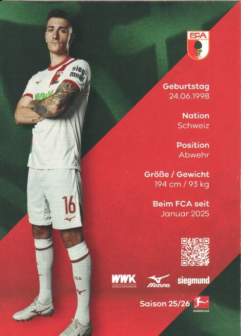 Autogramm Fussball | FC Augsburg | 2025 | Cedric ZESIGER