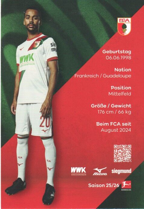 Autogramm Fussball | FC Augsburg | 2025 | Alexis CLAUDE-MAURICE