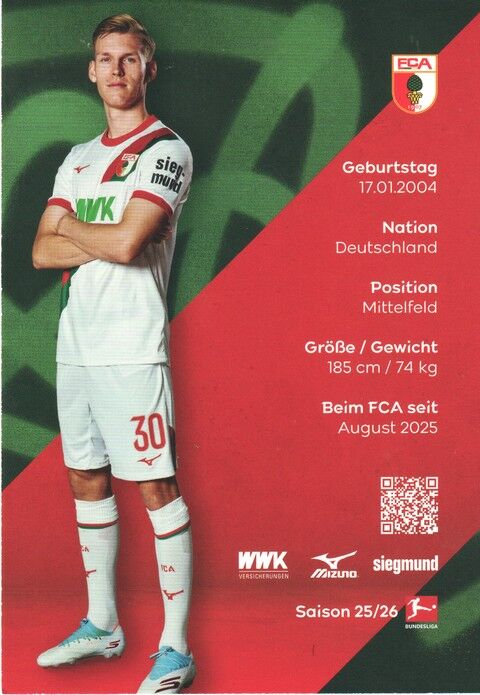 Autogramm Fussball | FC Augsburg | 2025 | Anton KADE