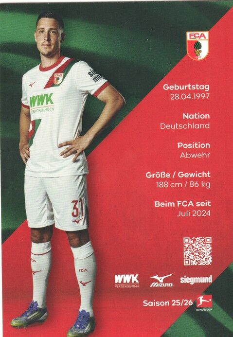Autogramm Fussball | FC Augsburg | 2025 | Keven SCHLOTTERBECK