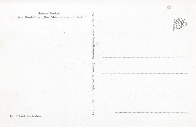 Autogramm Film | Hanna RUCKER | 1952 "Stimme Des Anderen" (Portrait SW Rüdel 271)