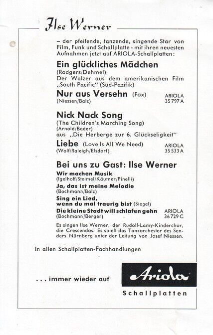 Autogramm Schauspieler | Ilse WERNER | 1950er (Portrait SW Ariola)