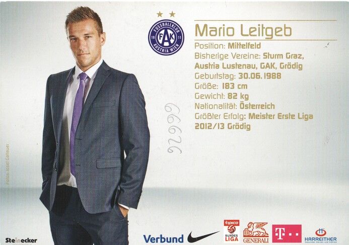 Autogramm Fussball | FK Austria Wien | 2015 | Mario LEITGEB