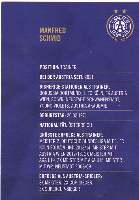 Autogramm Fussball | FK Austria Wien | 2021 | Manfred SCHMID
