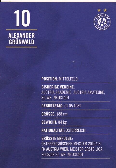Autogramm Fussball | FK Austria Wien | 2023 | Alexander GRÜNEWALD