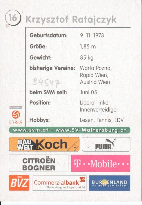 Autogramm Fussball | SV Mattersburg | 2006 | Krzysztof RATAJCZYK