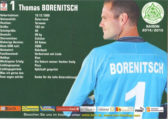 Autogramm Fussball | SV Mattersburg | 2014 | Thomas BORENITSCH