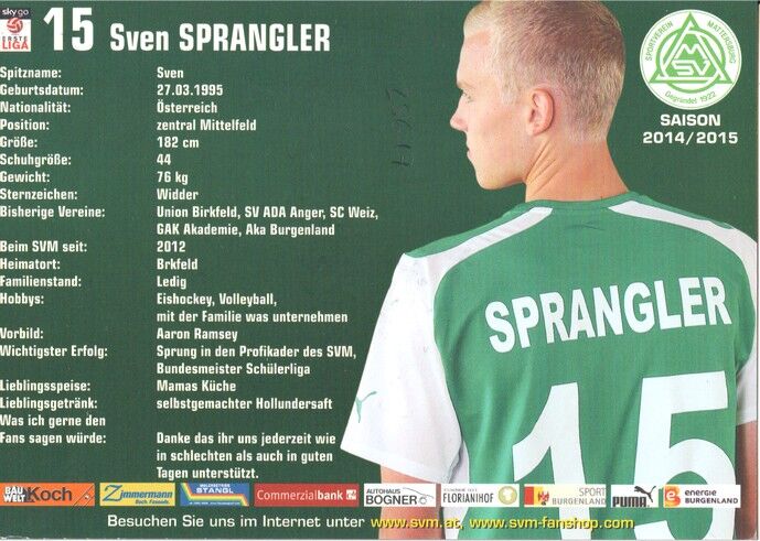 Autogramm Fussball | SV Mattersburg | 2014 | Sven SPRANGLER