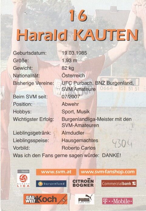 Autogramm Fussball | SV Mattersburg | 2007 | Harald KAUTEN