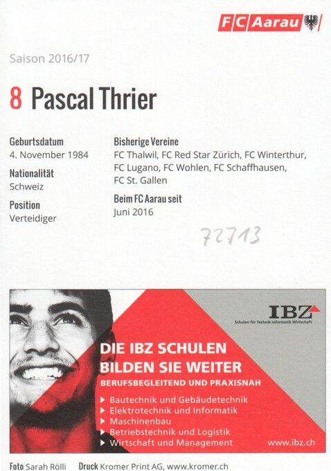 Autogramm Fussball | FC Aarau | 2016 | Pascal THRIER