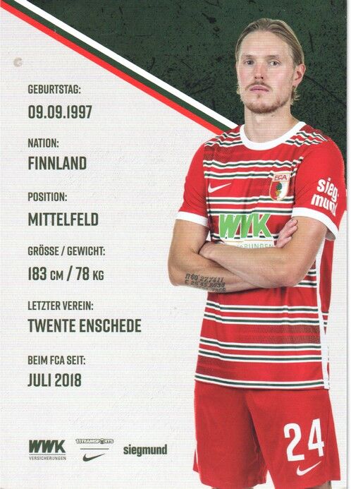 Autogramm Fussball | FC Augsburg | 2022 | Fredrik JENSEN