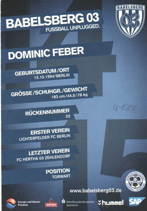 Autogramm Fussball | SV Babelsberg 03 | 2014 | Dominic FEBER