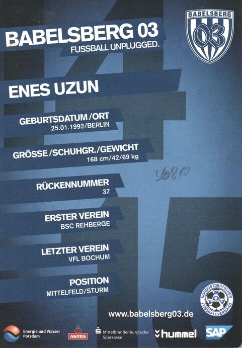 Autogramm Fussball | SV Babelsberg 03 | 2014 | Enes UZUN