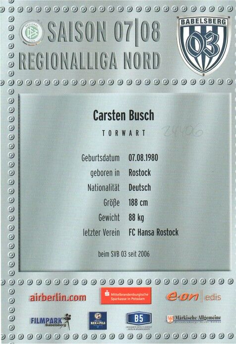 Autogramm Fussball | SV Babelsberg 03 | 2007 | Carsten BUSCH