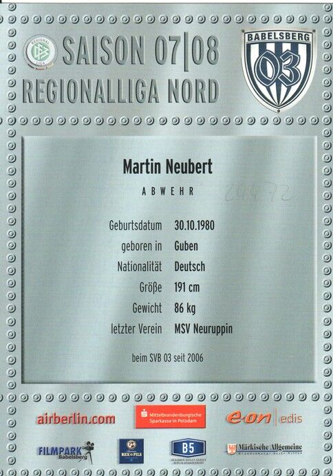 Autogramm Fussball | SV Babelsberg 03 | 2007 | Martin NEUBERT