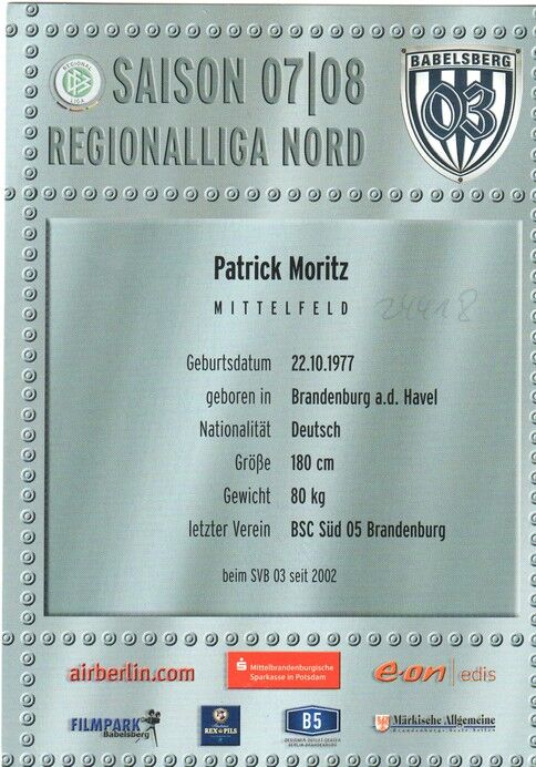 Autogramm Fussball | SV Babelsberg 03 | 2007 | Patrick MORITZ