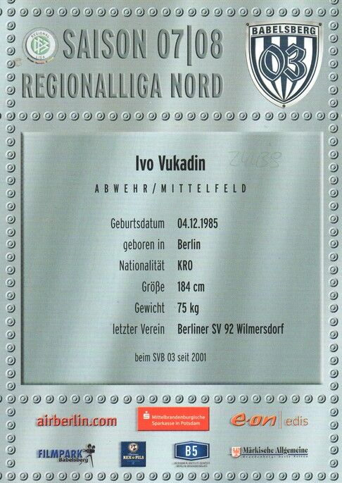 Autogramm Fussball | SV Babelsberg 03 | 2007 | Ivo VUKADIN