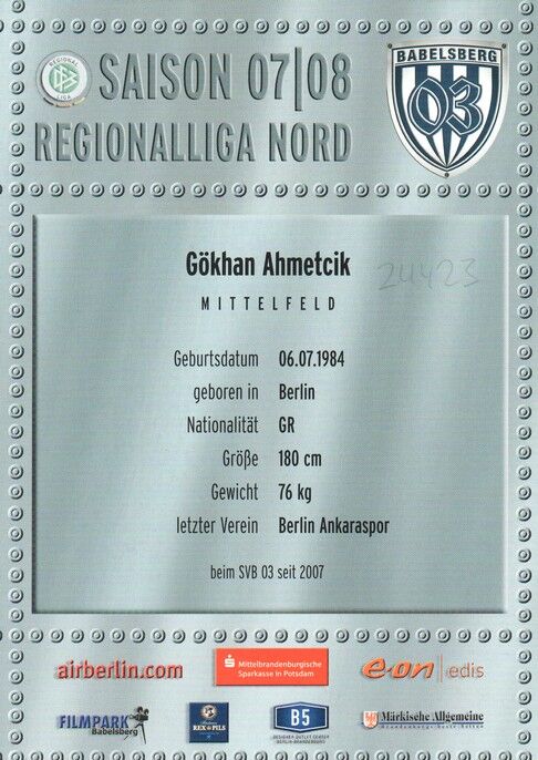 Autogramm Fussball | SV Babelsberg 03 | 2007 | Gökhan AHMETCIK