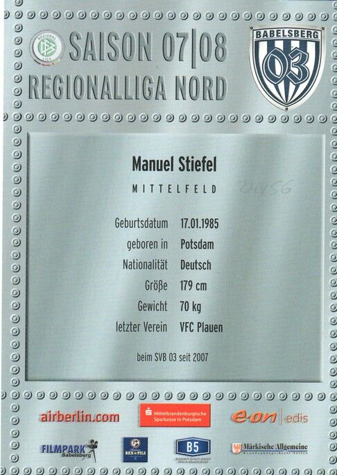 Autogramm Fussball | SV Babelsberg 03 | 2007 | Manuel STIEFEL