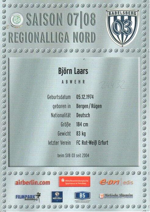 Autogramm Fussball | SV Babelsberg 03 | 2007 | Björn LAARS