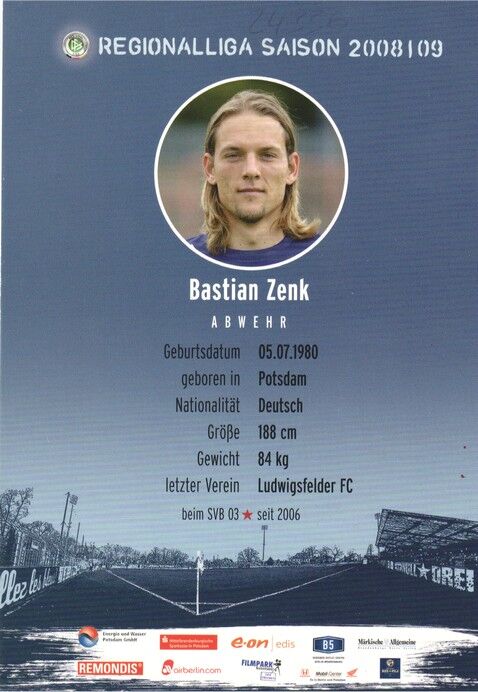 Autogramm Fussball | SV Babelsberg 03 | 2008 | Bastian ZENK