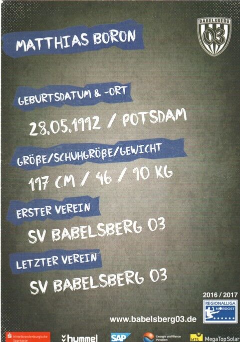 Autogramm Fussball | SV Babelsberg 03 | 2016 | Matthias BORON