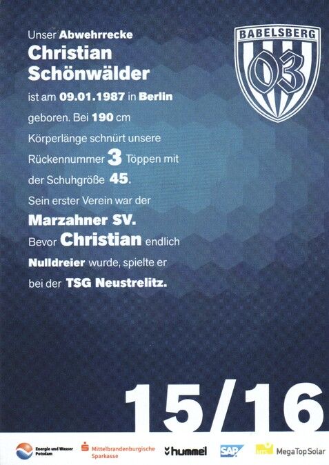 Autogramm Fussball | SV Babelsberg 03 | 2015 | Christian SCHÖNWÄLDER