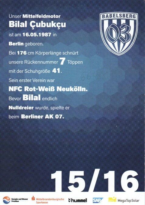 Autogramm Fussball | SV Babelsberg 03 | 2015 | Bilal CUBUKCU