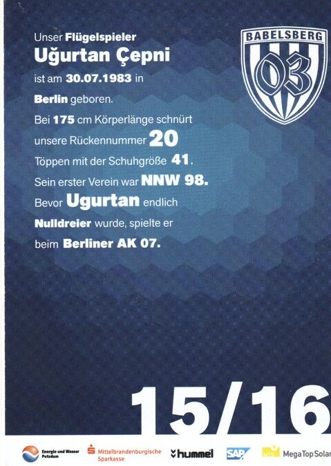 Autogramm Fussball | SV Babelsberg 03 | 2015 | Ugurtan CEPNI