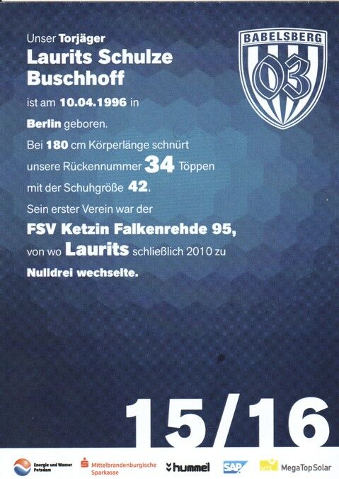 Autogramm Fussball | SV Babelsberg 03 | 2015 | Laurits SCHULZE BUSCHHOFF