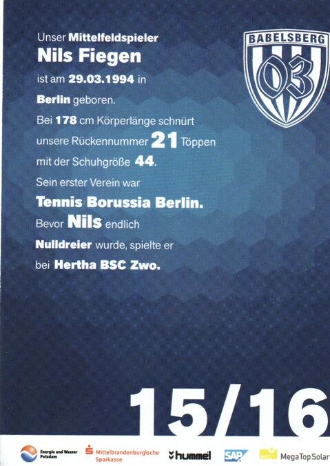 Autogramm Fussball | SV Babelsberg 03 | 2015 | Nils FIEGEN