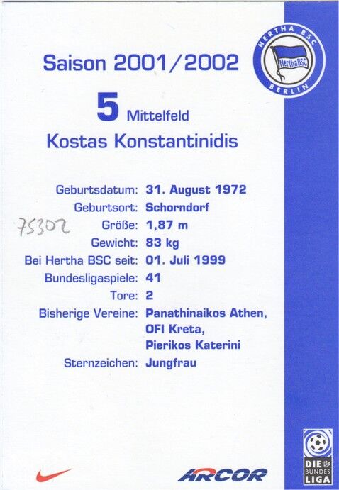 Autogramm Fussball | Hertha BSC Berlin | 2001 Arcor | Kostas KONSTANTINIDIS