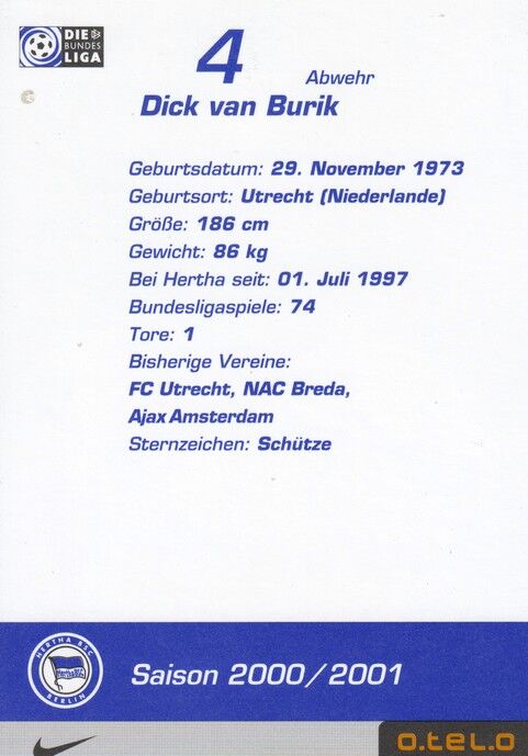 Autogramm Fussball | Hertha BSC Berlin | 2000 | Dick VAN BURIK