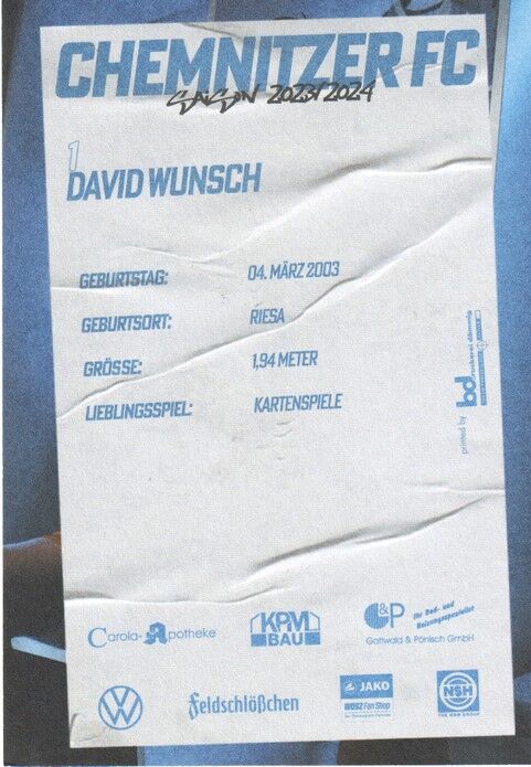 Autogramm Fussball | Chemnitzer FC | 2023 | David WUNSCH