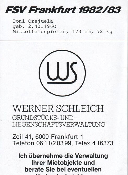 Autogramm Fussball | FSV Frankfurt | 1982 | Toni OREJUELA
