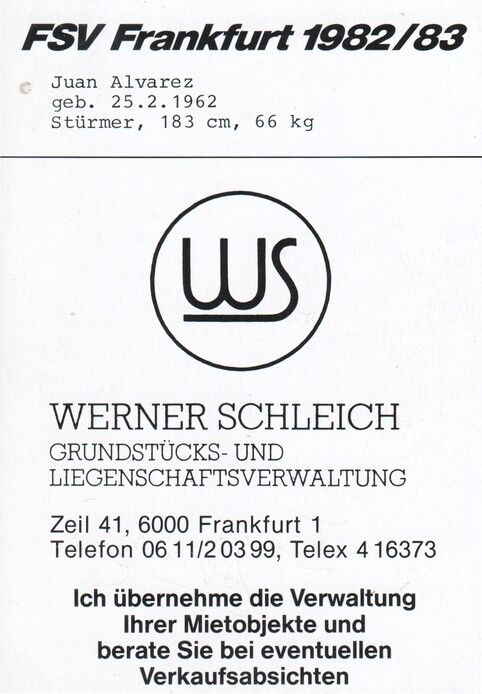 Autogramm Fussball | FSV Frankfurt | 1982 | Juan ALVAREZ