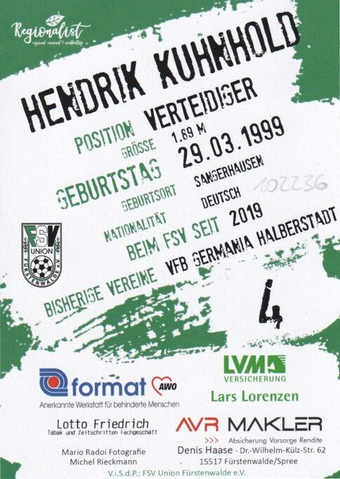 Autogramm Fussball | FSV Union Fürstenwalde | 2019 | Hendrik KUHNHOLD