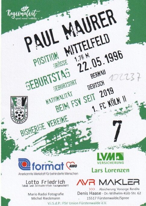 Autogramm Fussball | FSV Union Fürstenwalde | 2019 | Paul MAURER