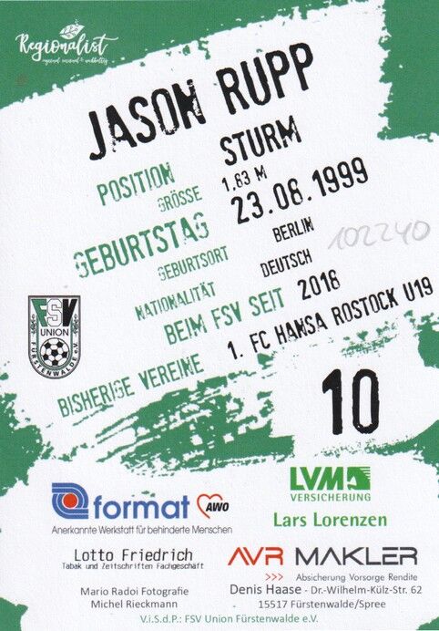 Autogramm Fussball | FSV Union Fürstenwalde | 2019 | Jason RUPP