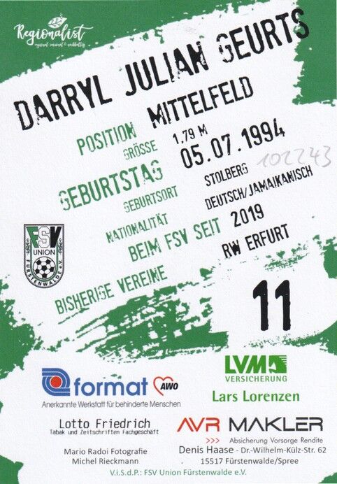 Autogramm Fussball | FSV Union Fürstenwalde | 2019 | Darryl Julian GEURTS