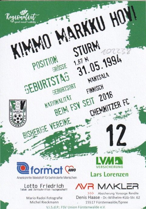 Autogramm Fussball | FSV Union Fürstenwalde | 2019 | Kimmo MARKKU HOVI