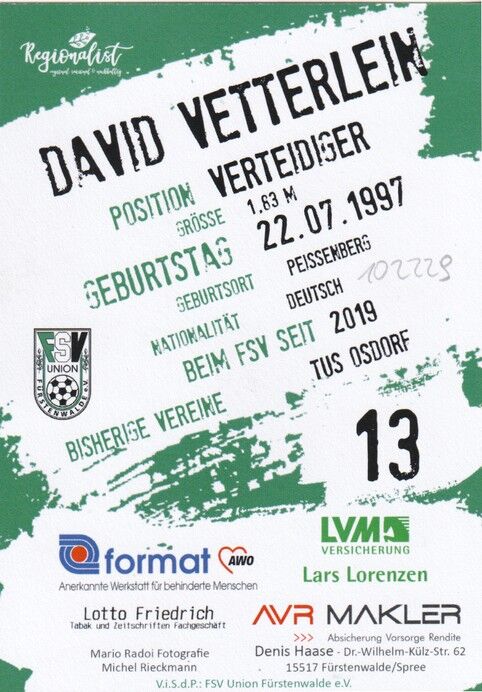 Autogramm Fussball | FSV Union Fürstenwalde | 2019 | David VETTERLEIN