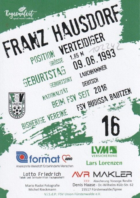Autogramm Fussball | FSV Union Fürstenwalde | 2019 | Franz HAUSDORF