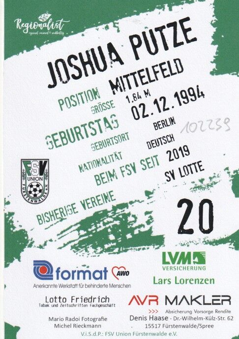Autogramm Fussball | FSV Union Fürstenwalde | 2019 | Joshua PUTZE