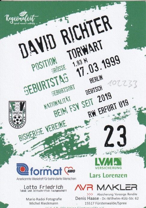 Autogramm Fussball | FSV Union Fürstenwalde | 2019 | David RICHTER