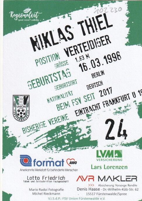 Autogramm Fussball | FSV Union Fürstenwalde | 2019 | Niklas THIEL