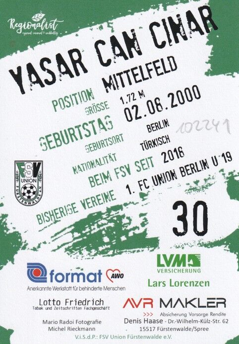 Autogramm Fussball | FSV Union Fürstenwalde | 2019 | Yasar Can CINAR